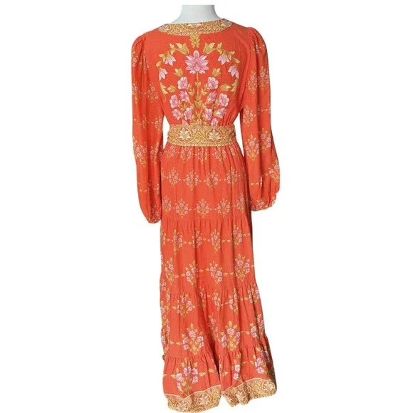 A Loves A Linen Blend Long Sleeve Floral Tapestry Maxi Dress Tie Waist Medium - Picture 4 of 9